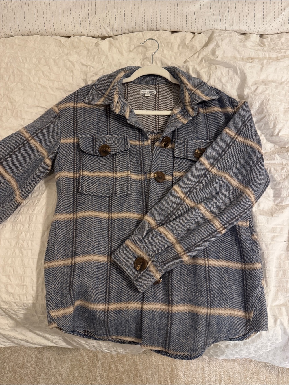 Plaid Button-Front Shacket in Blue, Tan, and Cream